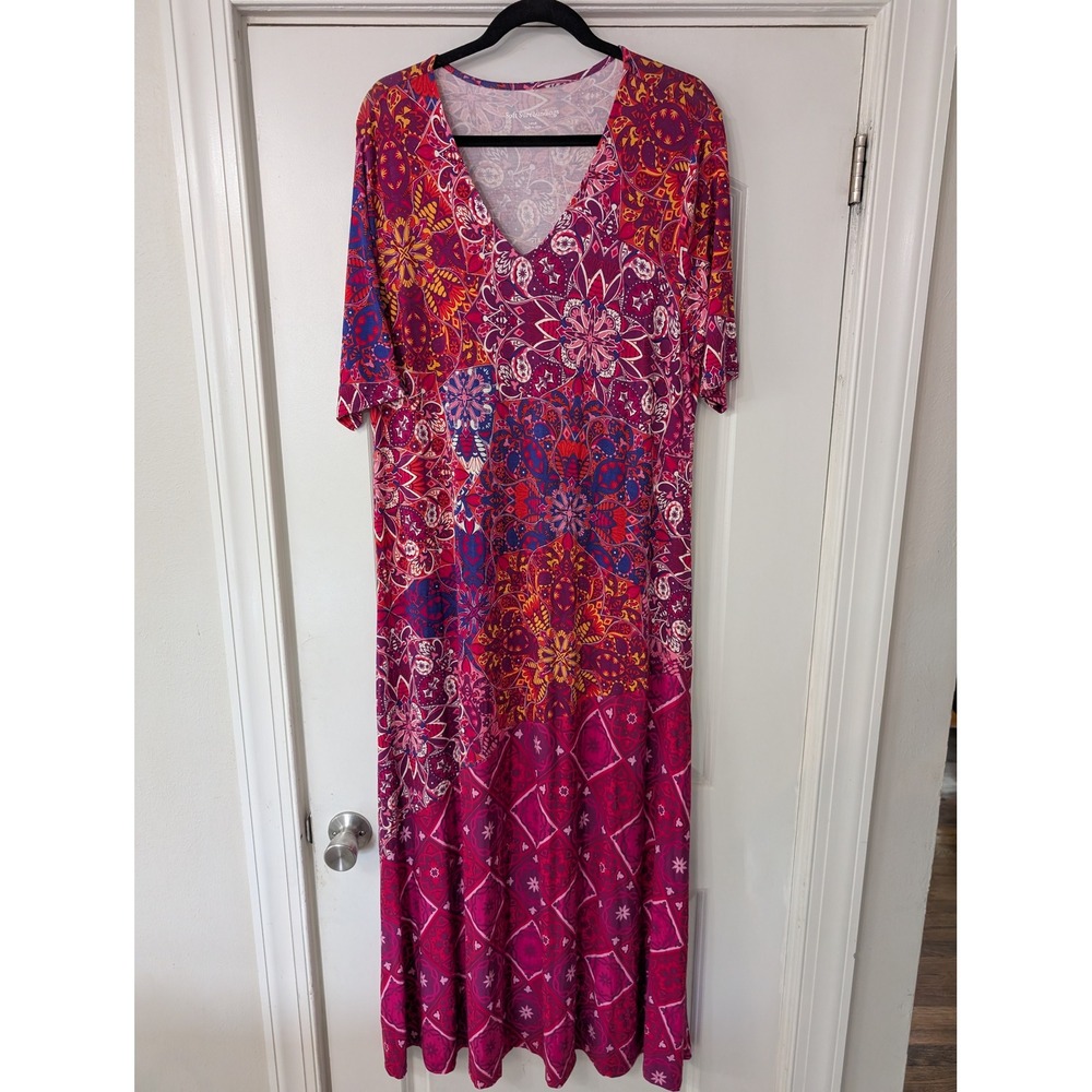 Soft Surroundings Pink Mandala Patchwork V-Neck Maxi Dress Large jersey flowy